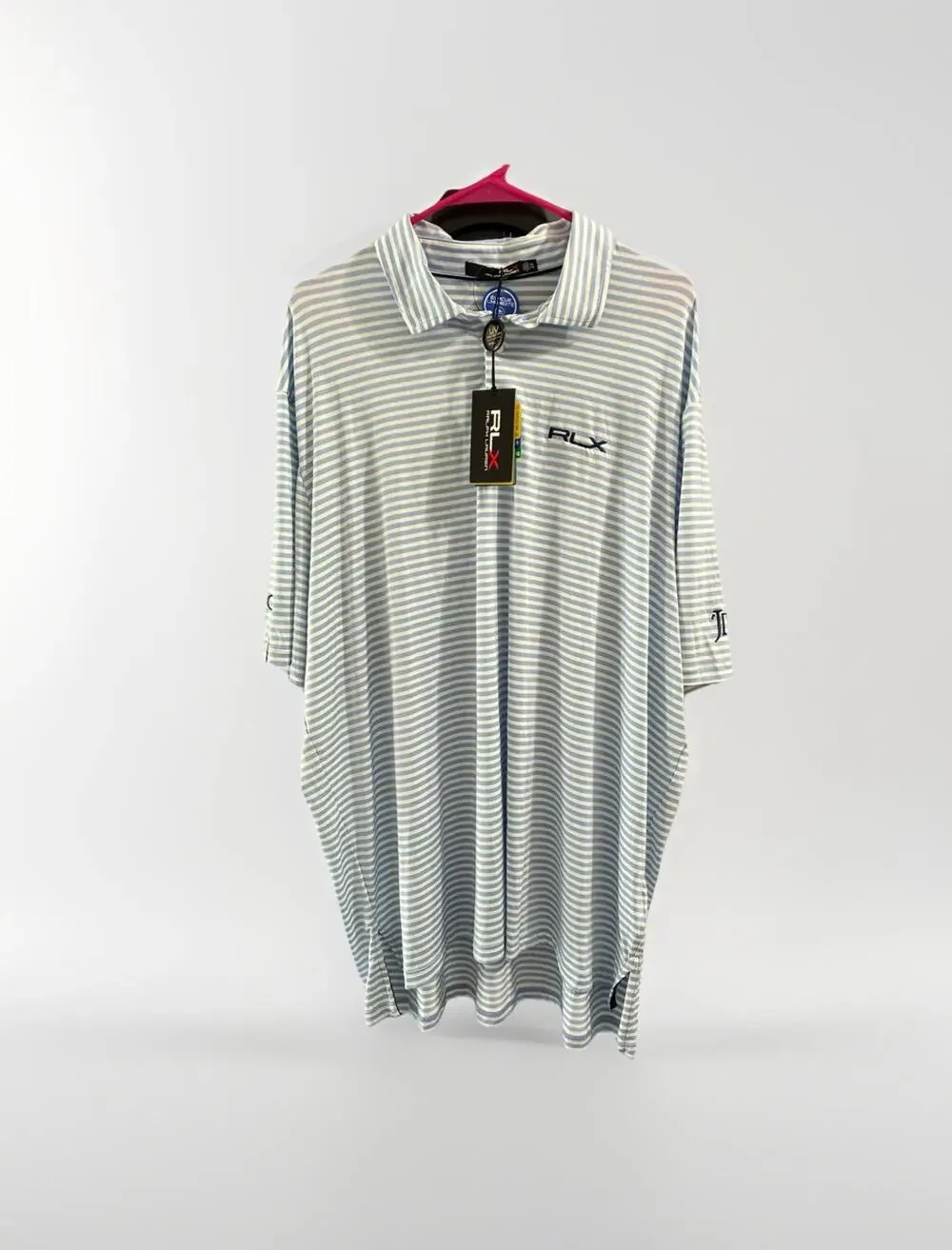 RLX Ralph Lauren Polo Shirt Men’s XXL Golf Performance Striped Blue *Logo AJGA